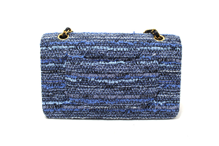 Top Quality Chanel Blue Tweed and Leather Classic Medium Double Flap Shoulder Bag