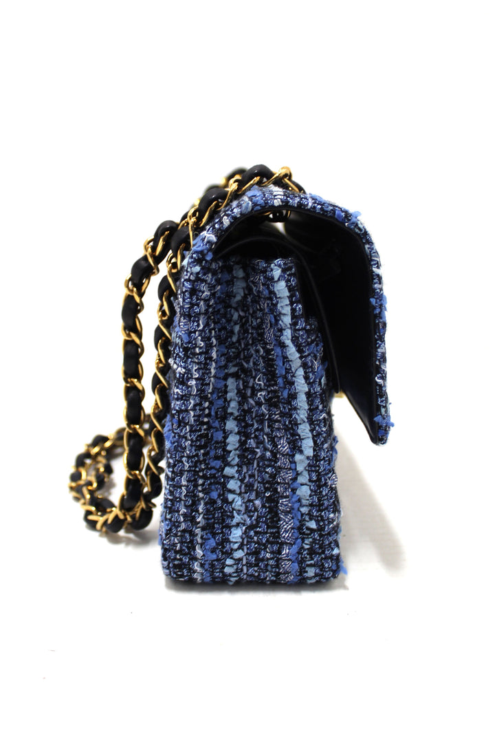 Top Quality Chanel Blue Tweed and Leather Classic Medium Double Flap Shoulder Bag
