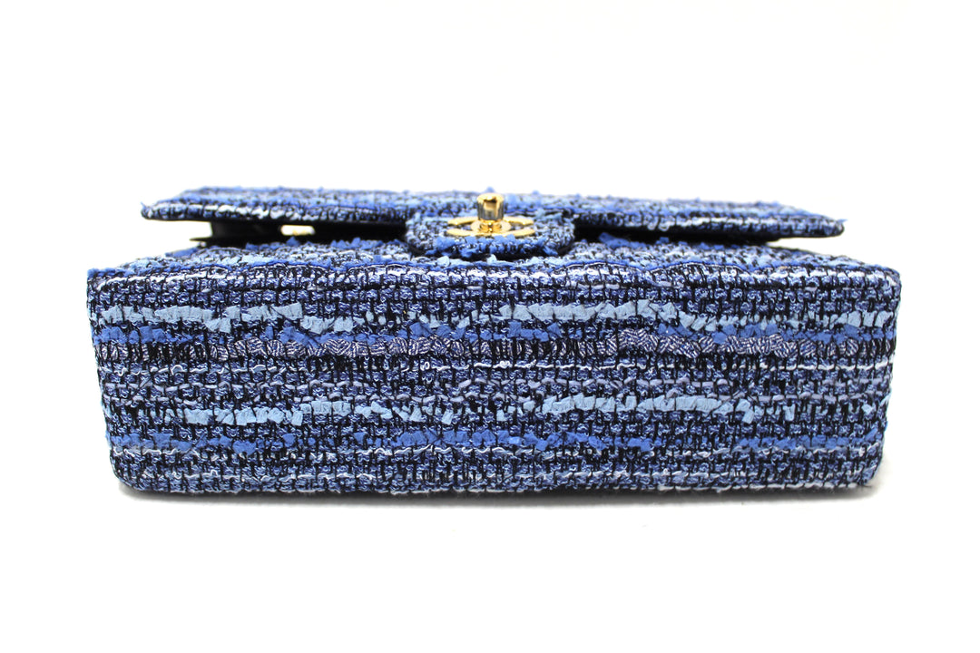 Top Quality Chanel Blue Tweed and Leather Classic Medium Double Flap Shoulder Bag