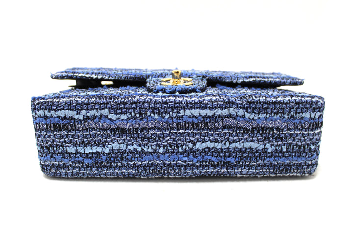 Top Quality Chanel Blue Tweed and Leather Classic Medium Double Flap Shoulder Bag