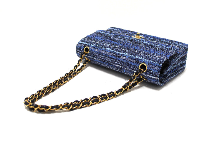 Top Quality Chanel Blue Tweed and Leather Classic Medium Double Flap Shoulder Bag