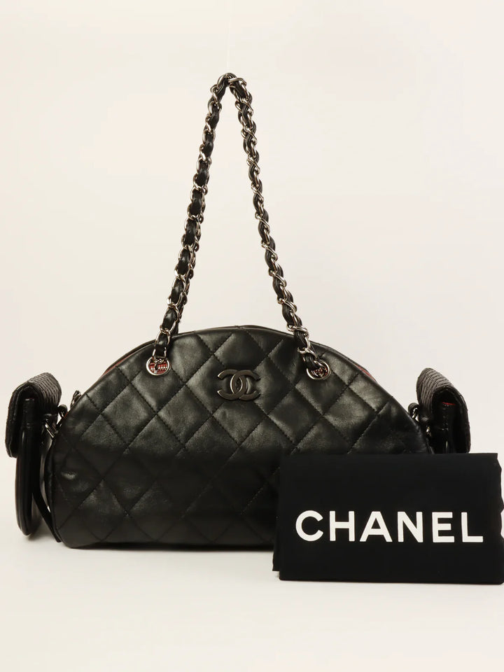 Chanel Around 2007 Made Double Pockets Cc Mark Plate Chain Shoulder Bag Black