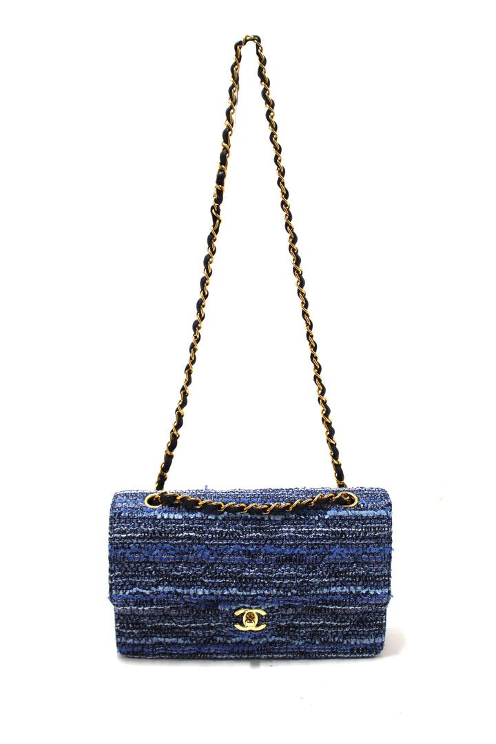 Top Quality Chanel Blue Tweed and Leather Classic Medium Double Flap Shoulder Bag