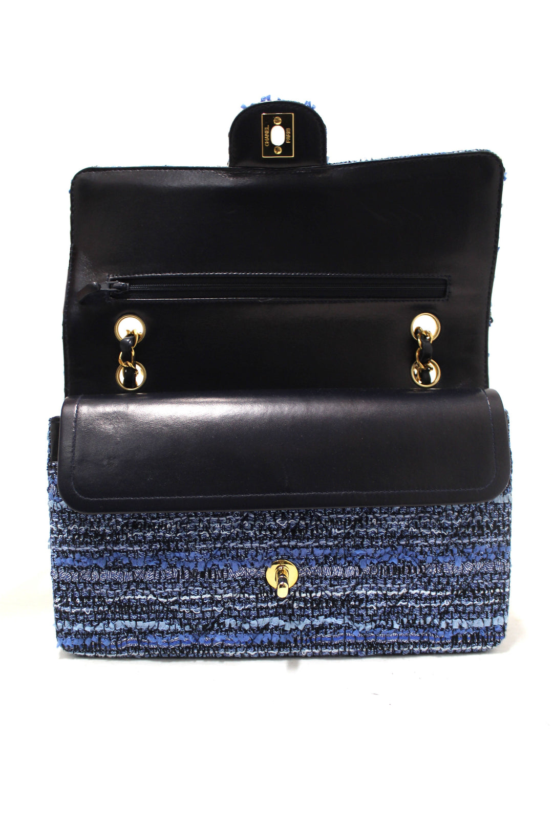 Top Quality Chanel Blue Tweed and Leather Classic Medium Double Flap Shoulder Bag