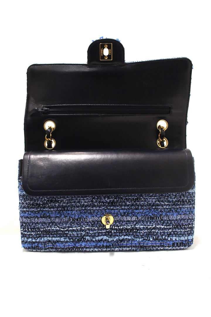 Top Quality Chanel Blue Tweed and Leather Classic Medium Double Flap Shoulder Bag