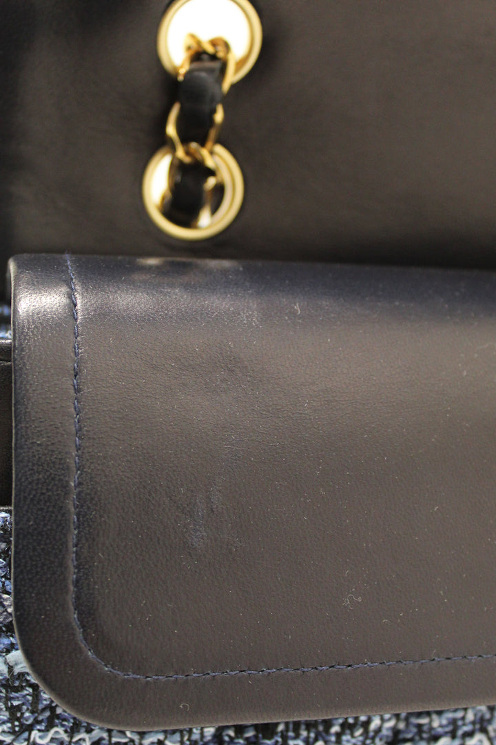 Top Quality Chanel Blue Tweed and Leather Classic Medium Double Flap Shoulder Bag