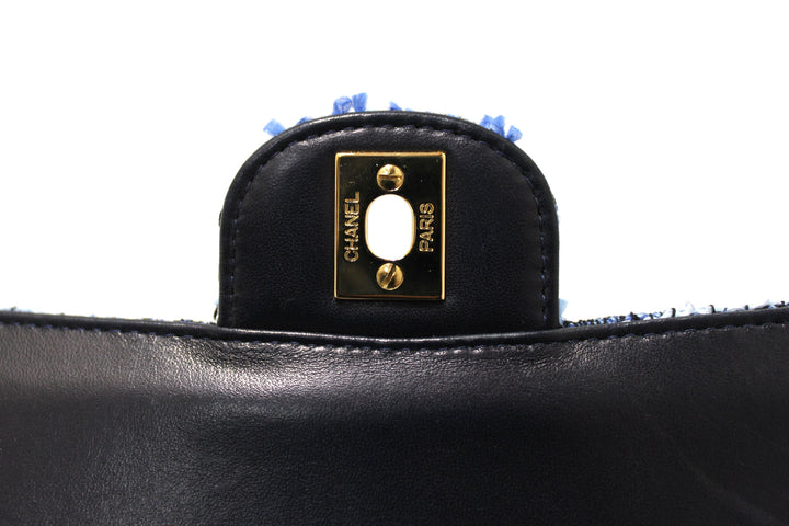 Top Quality Chanel Blue Tweed and Leather Classic Medium Double Flap Shoulder Bag