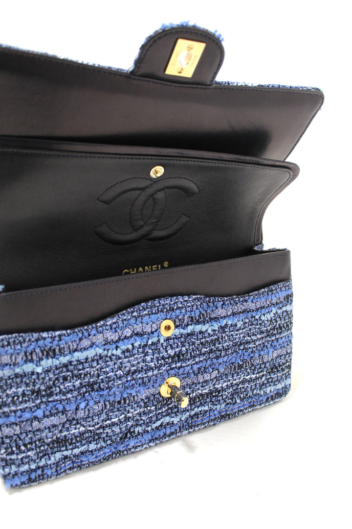 Top Quality Chanel Blue Tweed and Leather Classic Medium Double Flap Shoulder Bag