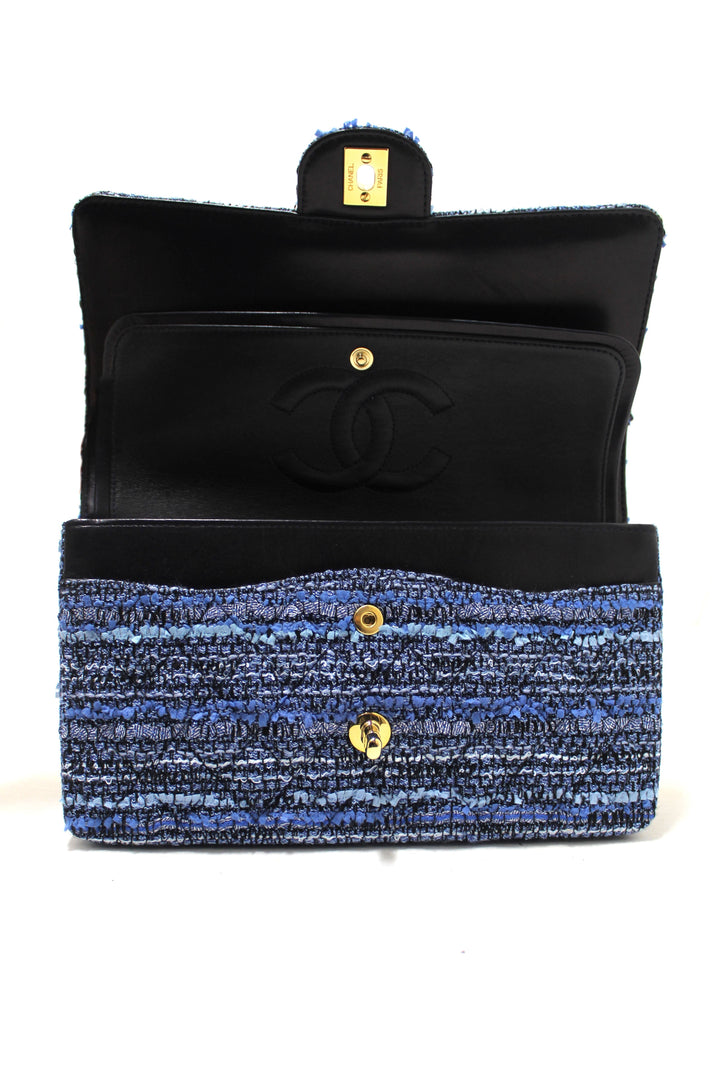 Top Quality Chanel Blue Tweed and Leather Classic Medium Double Flap Shoulder Bag