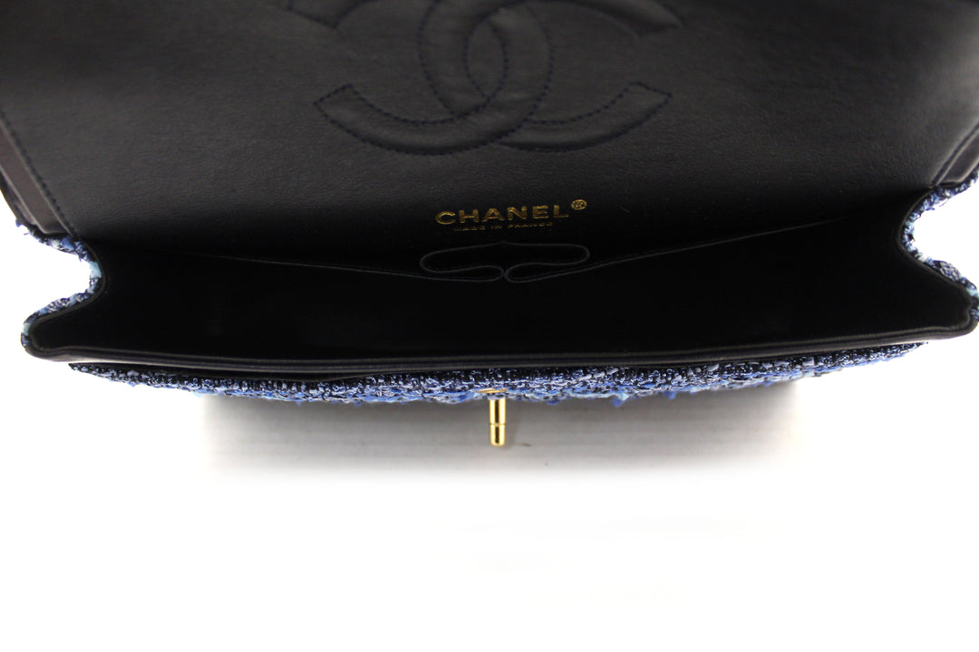 Top Quality Chanel Blue Tweed and Leather Classic Medium Double Flap Shoulder Bag