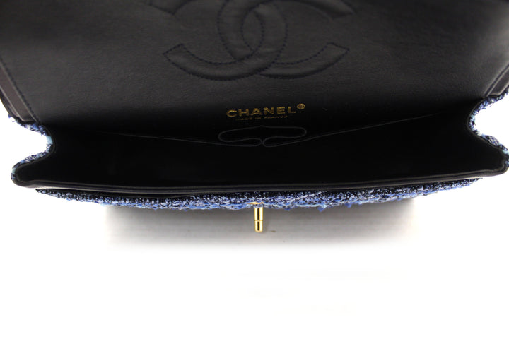 Top Quality Chanel Blue Tweed and Leather Classic Medium Double Flap Shoulder Bag