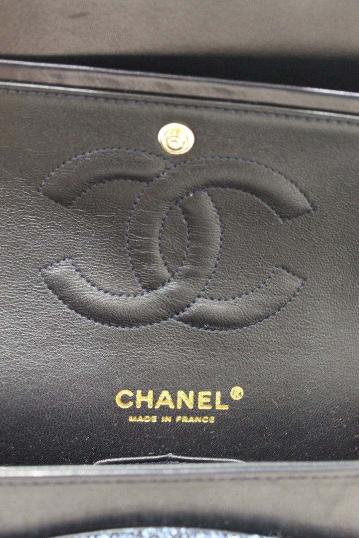 Top Quality Chanel Blue Tweed and Leather Classic Medium Double Flap Shoulder Bag
