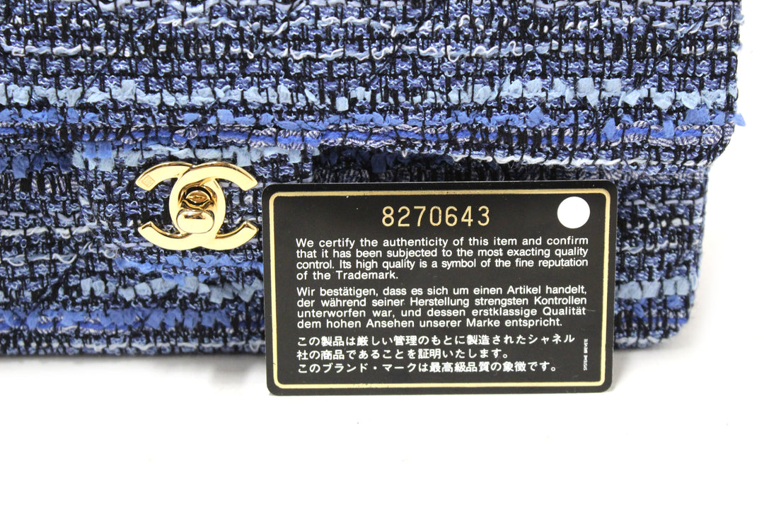 Top Quality Chanel Blue Tweed and Leather Classic Medium Double Flap Shoulder Bag