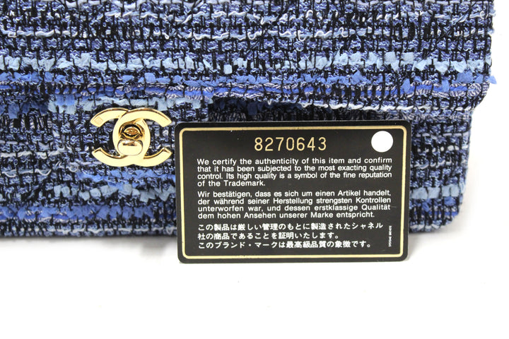 Top Quality Chanel Blue Tweed and Leather Classic Medium Double Flap Shoulder Bag