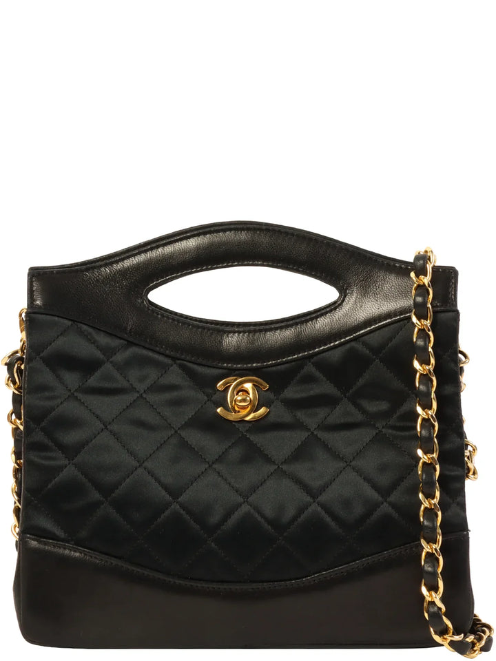 Chanel Around 1990 Made Leather Satin Combination Turn-Lock 2Way Chain Bag Black