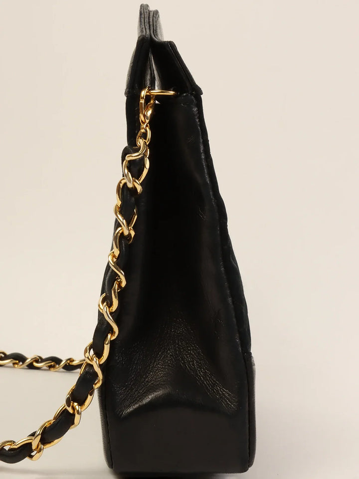 Chanel Around 1990 Made Leather Satin Combination Turn-Lock 2Way Chain Bag Black