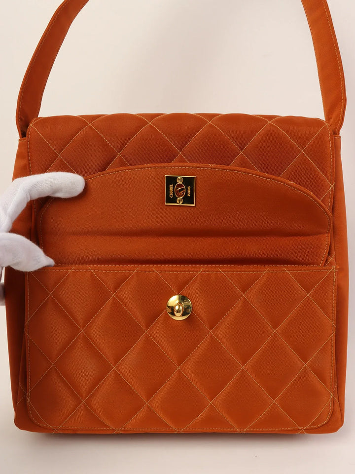 Chanel Around 1997 Made Nylon Turn-Lock One Shoulder Bag Orange