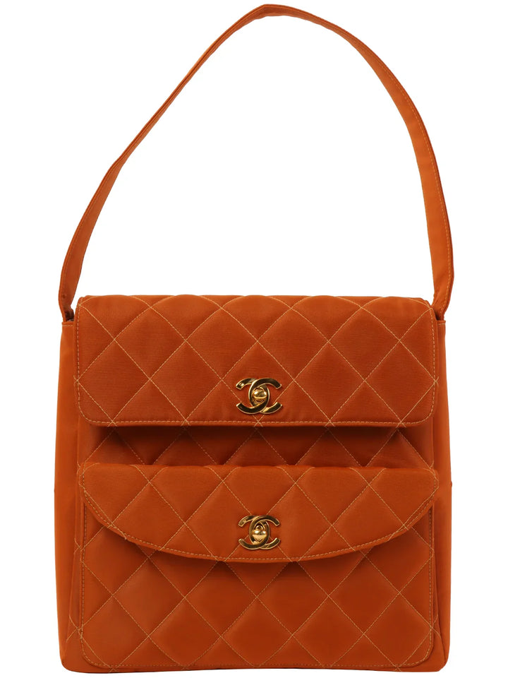 Chanel Around 1997 Made Nylon Turn-Lock One Shoulder Bag Orange