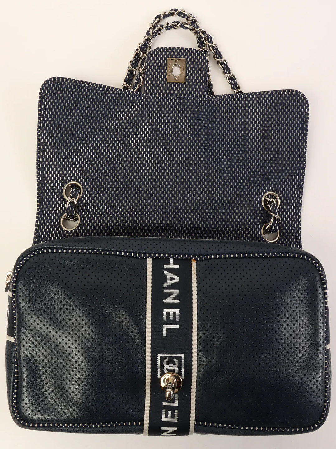 Chanel Around 2004 Made Sport Line Punching Turn-Lock Chain Bag Navy/White