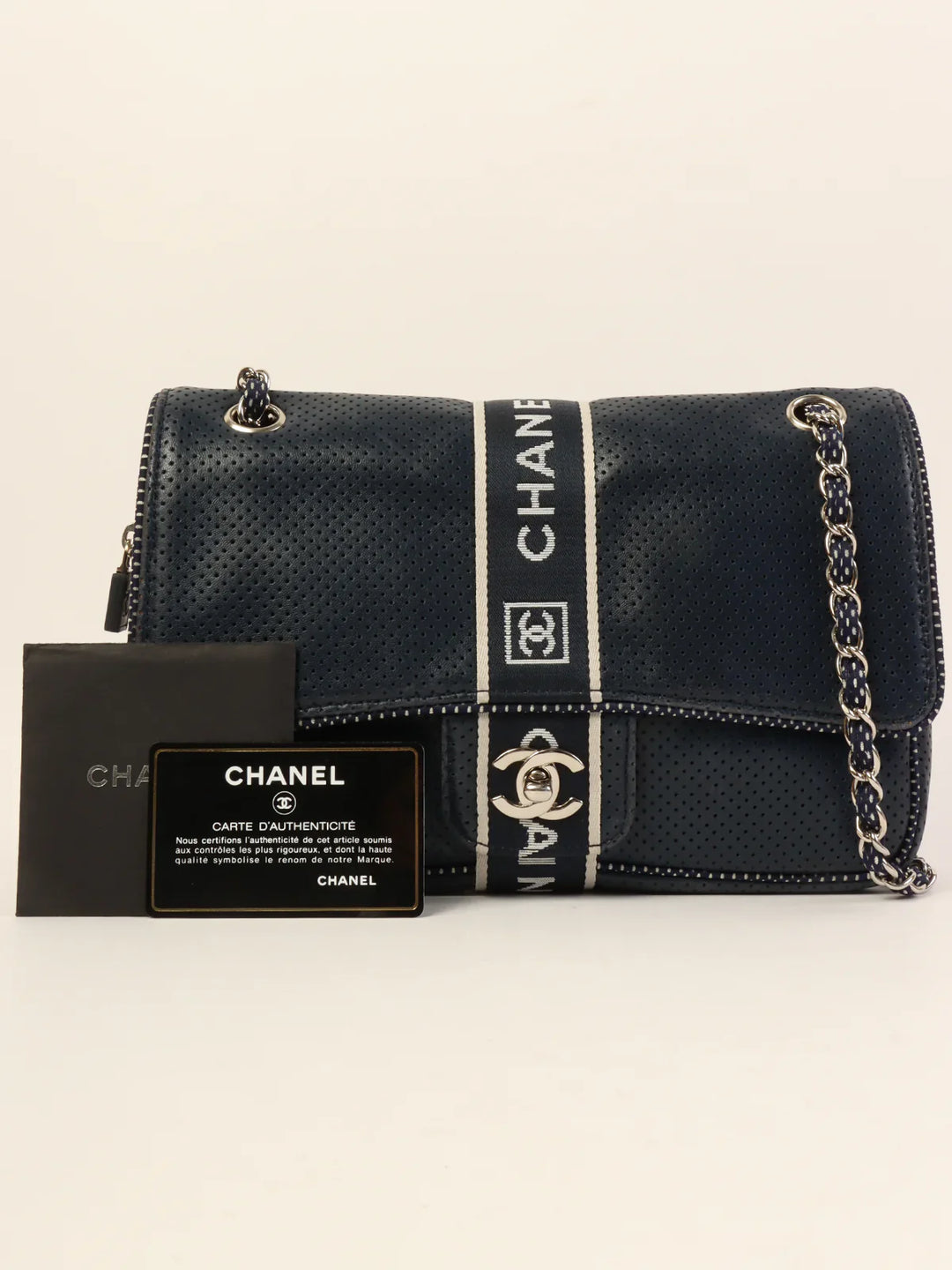 Chanel Around 2004 Made Sport Line Punching Turn-Lock Chain Bag Navy/White