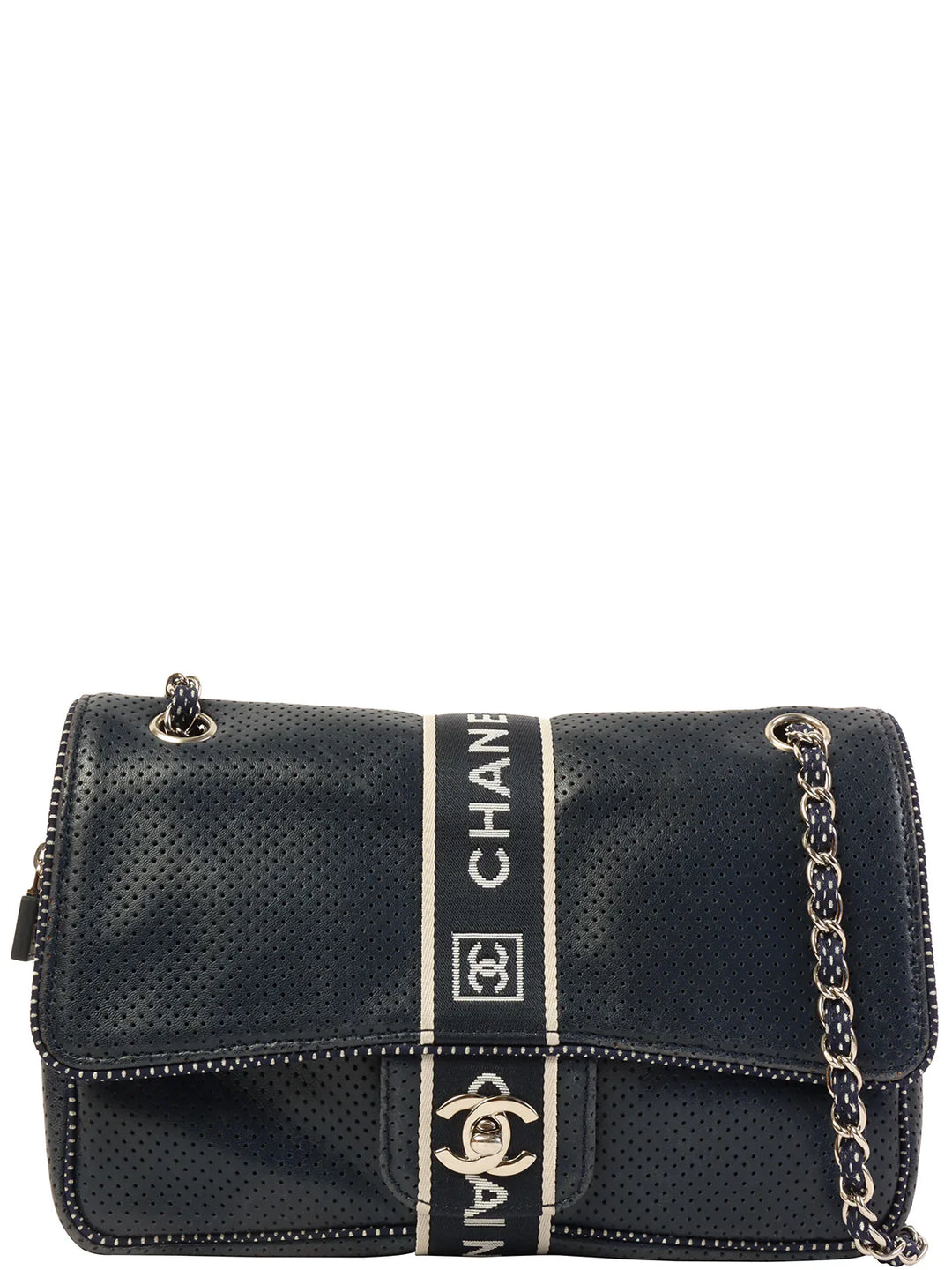 Chanel Around 2004 Made Sport Line Punching Turn-Lock Chain Bag Navy/White