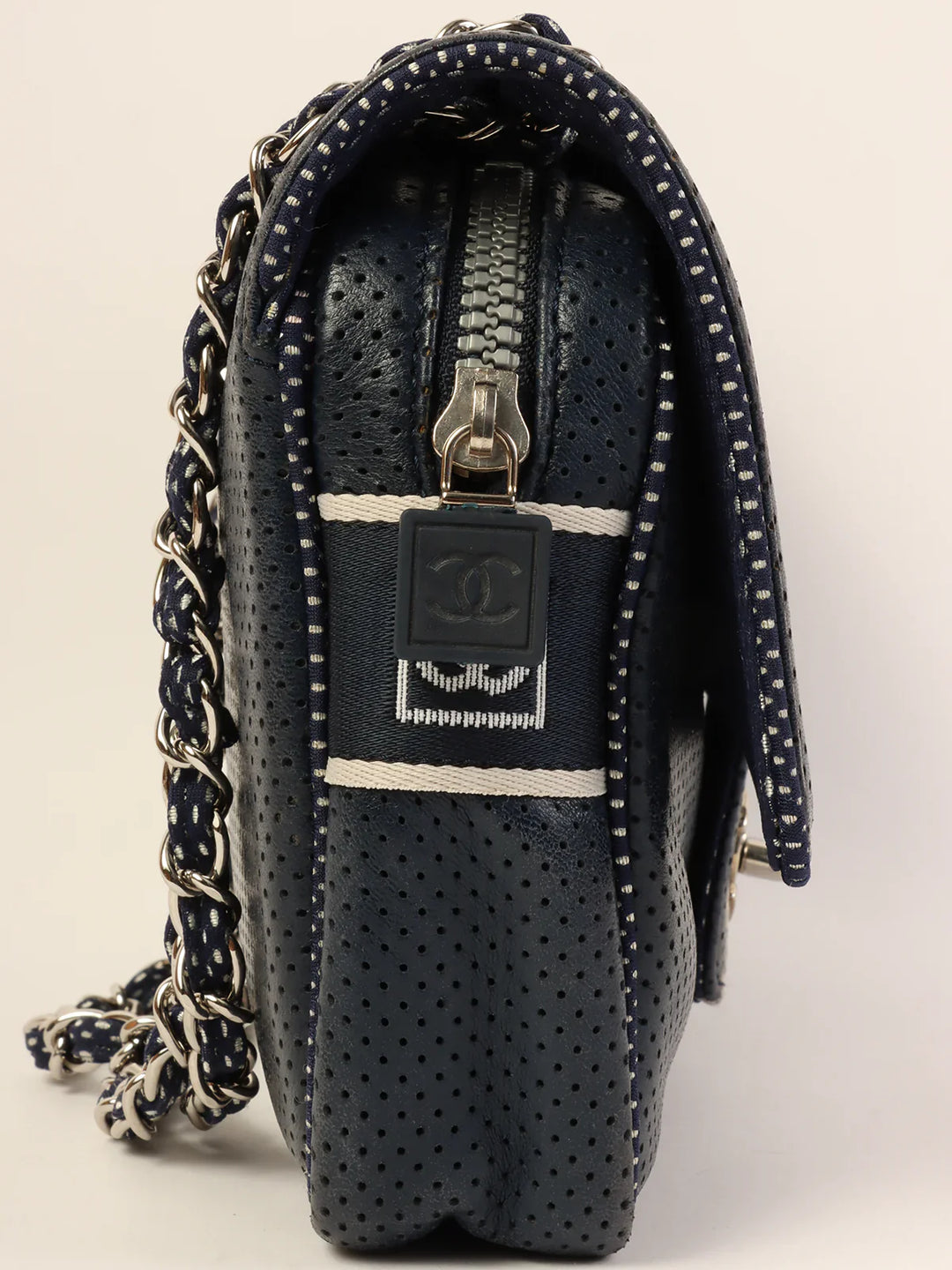 Chanel Around 2004 Made Sport Line Punching Turn-Lock Chain Bag Navy/White
