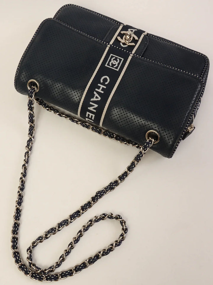 Chanel Around 2004 Made Sport Line Punching Turn-Lock Chain Bag Navy/White