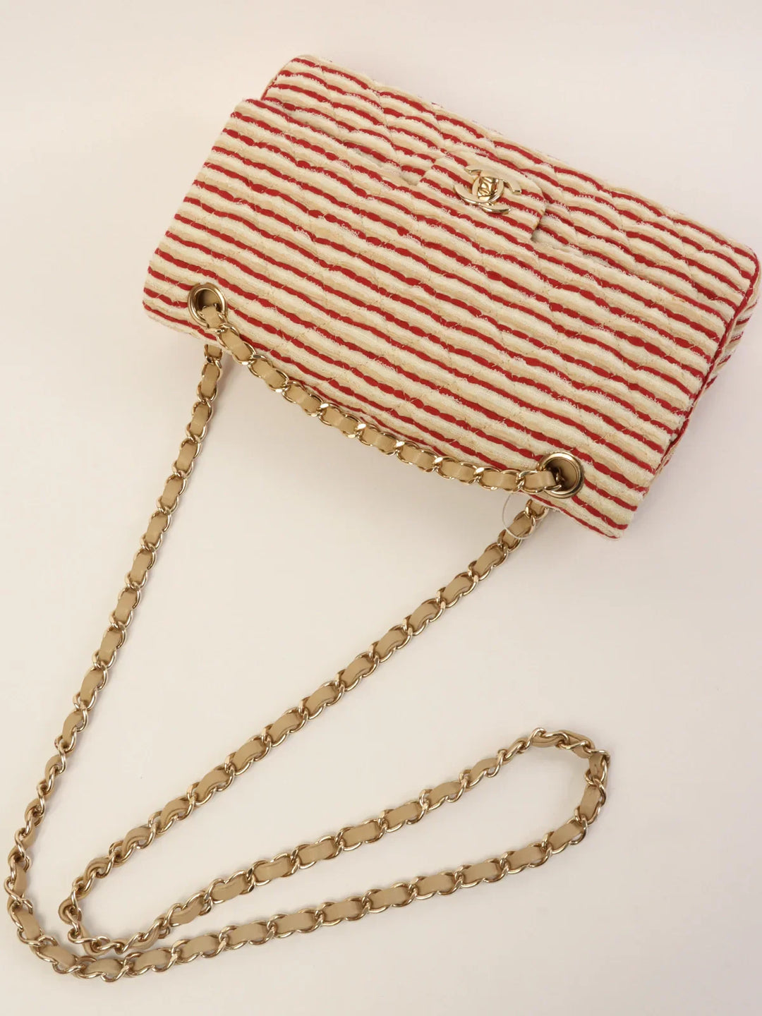 Chanel Around 2014 Made Cotton Striped Classic New Chain Bag Beige/Red/White