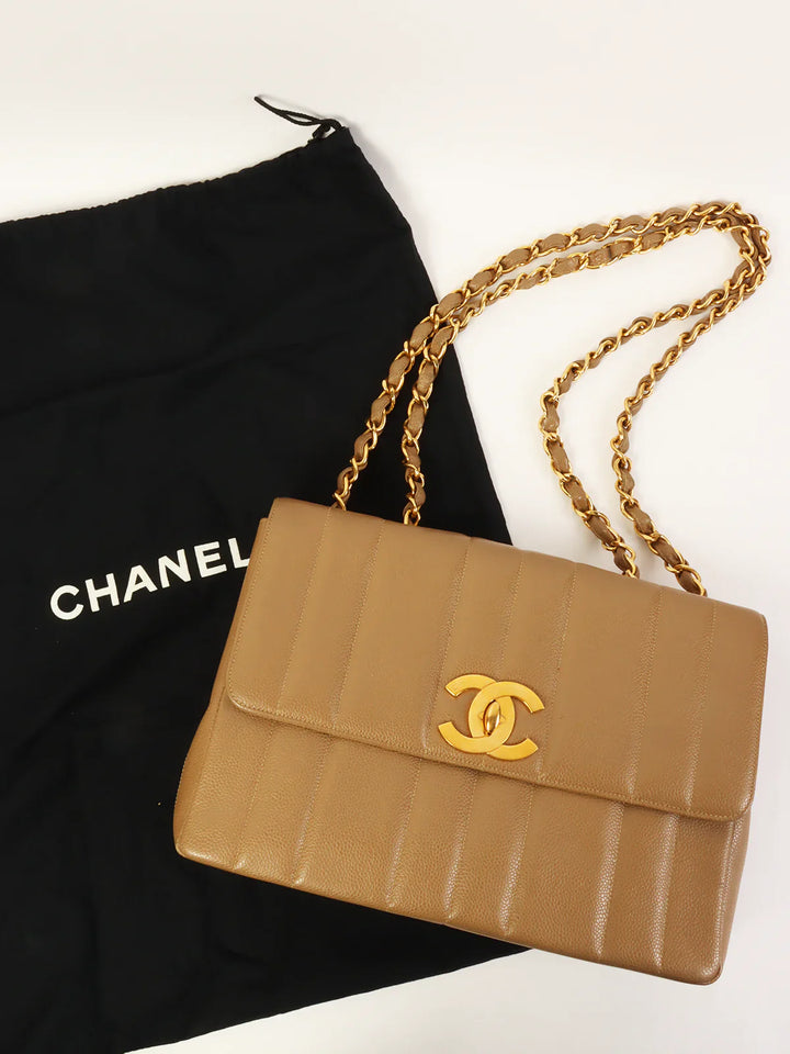 Chanel Around 1995 Made Caviar Skin Mademoiselle Stitch Turn-Lock Chain Bag Mocha Beige