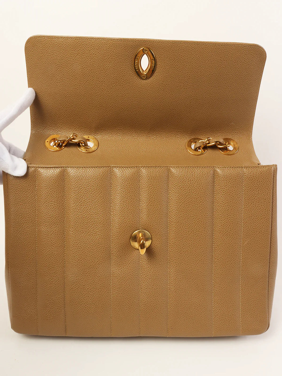 Chanel Around 1995 Made Caviar Skin Mademoiselle Stitch Turn-Lock Chain Bag Mocha Beige