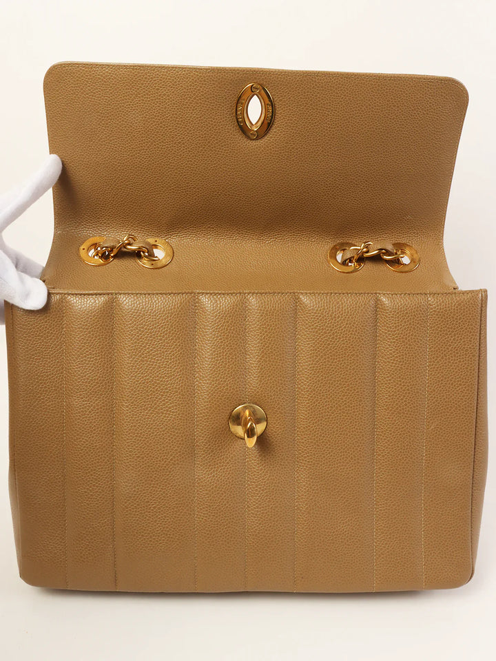 Chanel Around 1995 Made Caviar Skin Mademoiselle Stitch Turn-Lock Chain Bag Mocha Beige