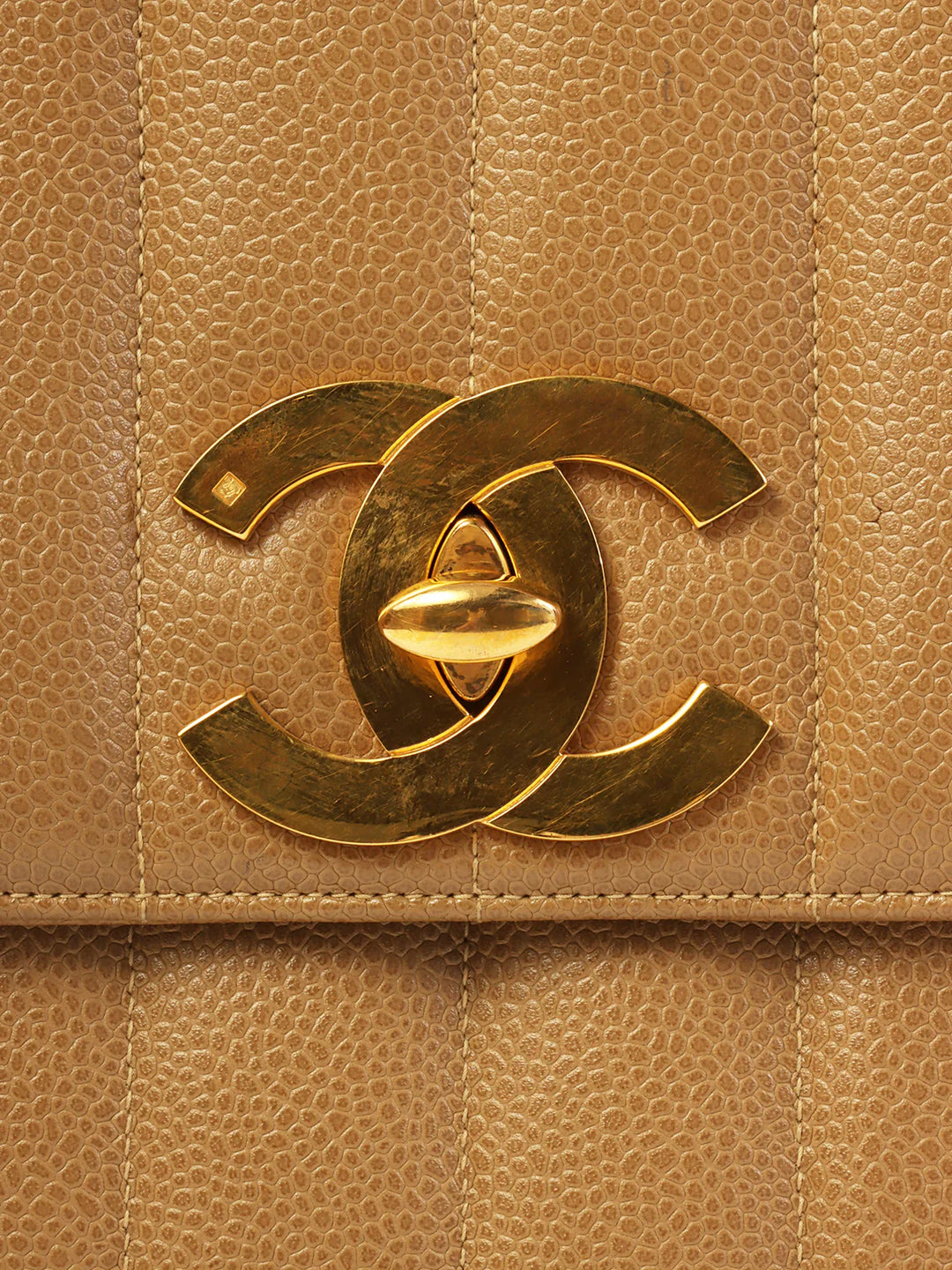 Chanel Around 1995 Made Caviar Skin Mademoiselle Stitch Turn-Lock Chain Bag Mocha Beige