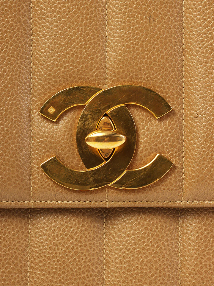 Chanel Around 1995 Made Caviar Skin Mademoiselle Stitch Turn-Lock Chain Bag Mocha Beige