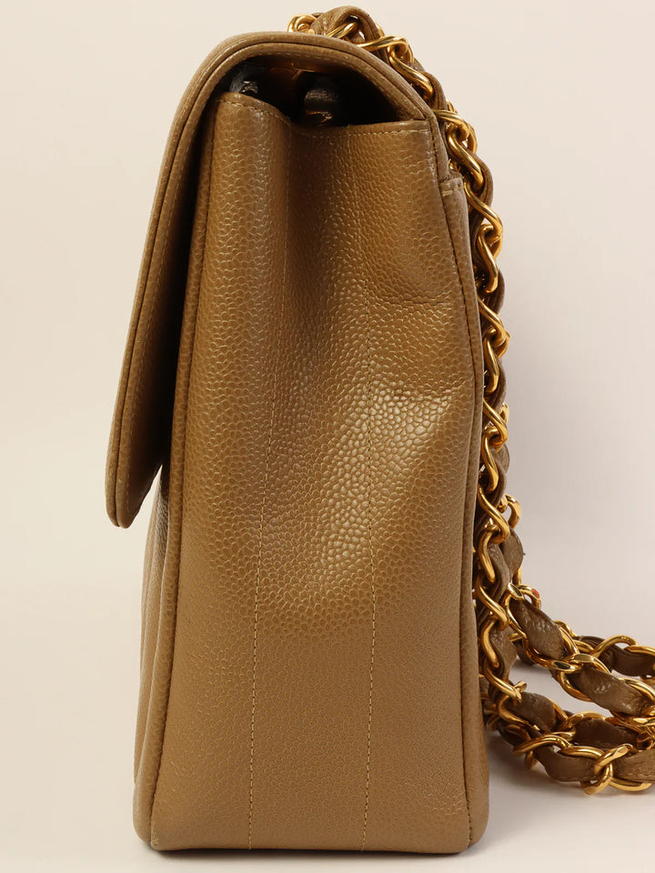 Chanel Around 1995 Made Caviar Skin Mademoiselle Stitch Turn-Lock Chain Bag Mocha Beige