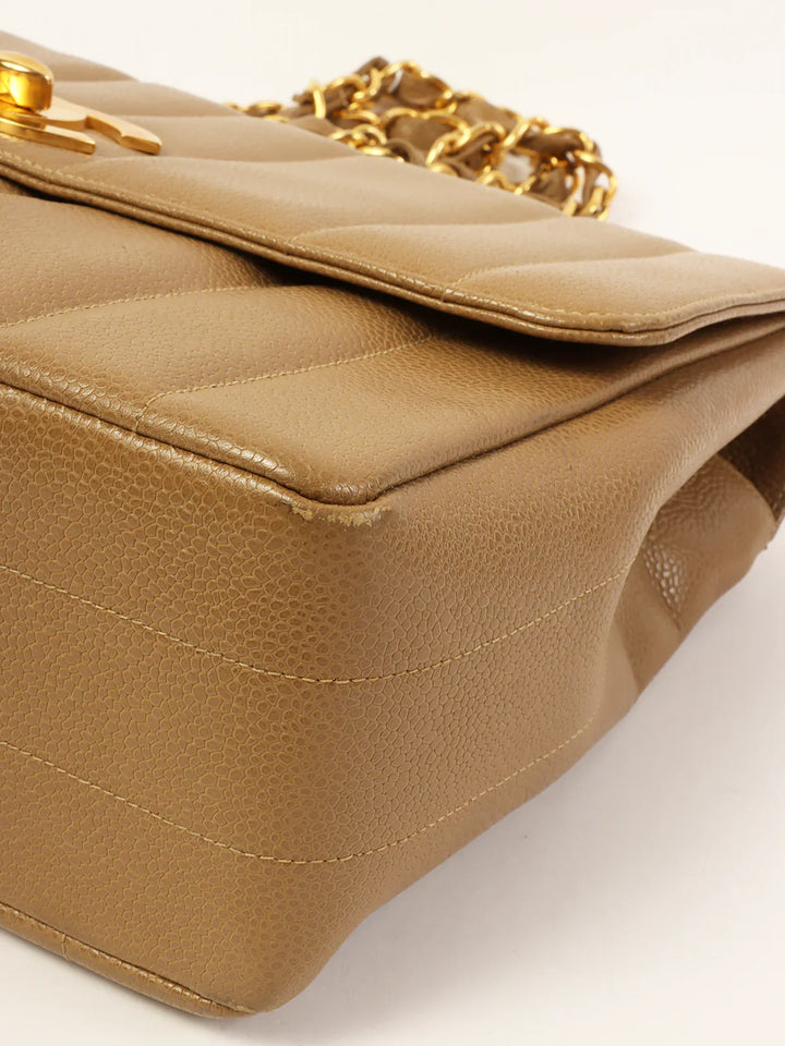 Chanel Around 1995 Made Caviar Skin Mademoiselle Stitch Turn-Lock Chain Bag Mocha Beige