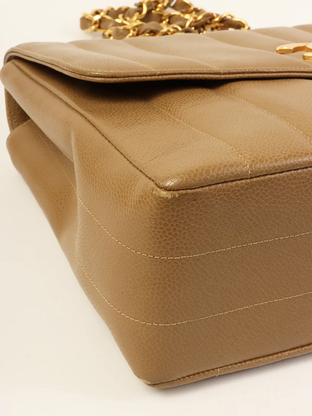 Chanel Around 1995 Made Caviar Skin Mademoiselle Stitch Turn-Lock Chain Bag Mocha Beige