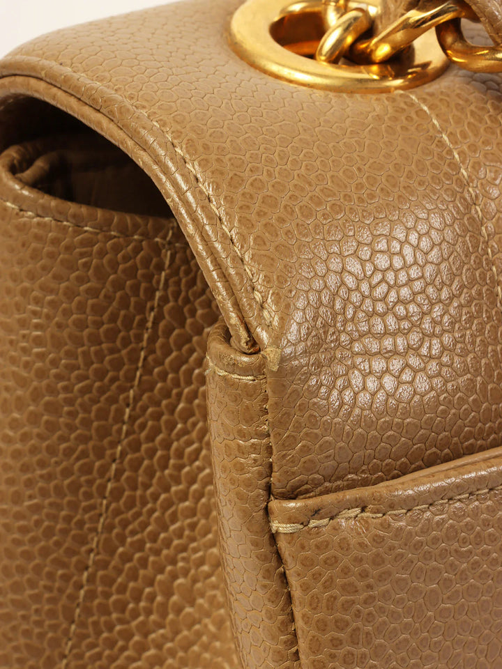 Chanel Around 1995 Made Caviar Skin Mademoiselle Stitch Turn-Lock Chain Bag Mocha Beige