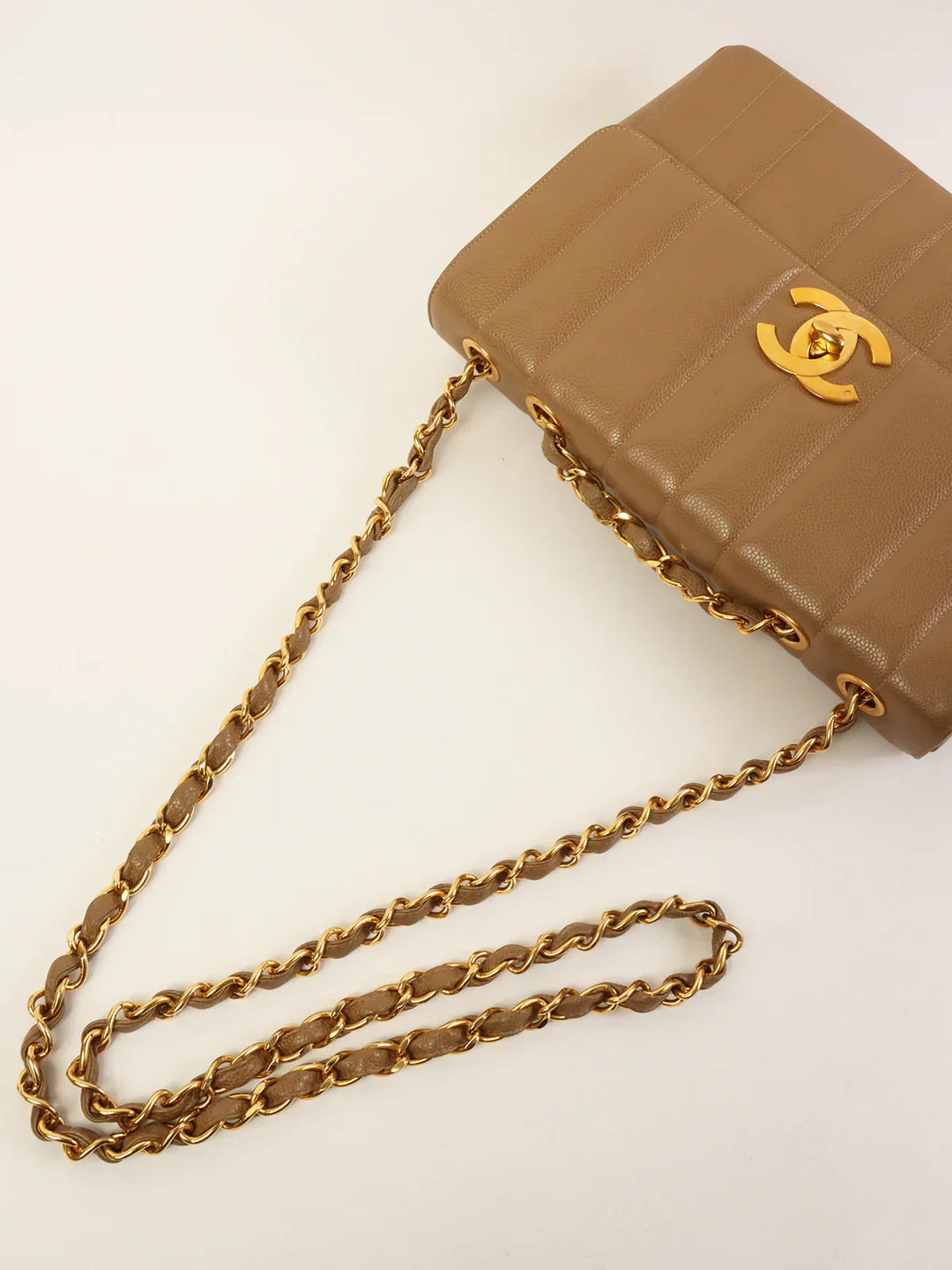 Chanel Around 1995 Made Caviar Skin Mademoiselle Stitch Turn-Lock Chain Bag Mocha Beige
