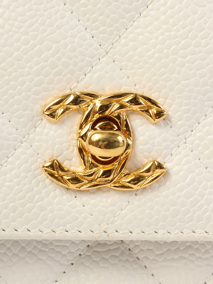 Chanel Around 1992 Made Caviar Skin Turn-Lock Ball Charm Chain Bag White