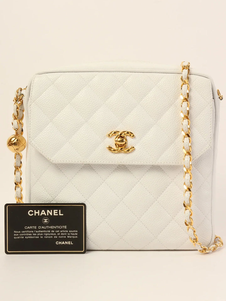 Chanel Around 1992 Made Caviar Skin Turn-Lock Ball Charm Chain Bag White