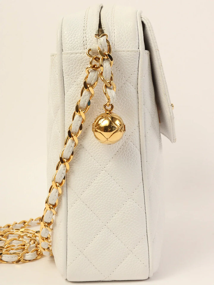 Chanel Around 1992 Made Caviar Skin Turn-Lock Ball Charm Chain Bag White