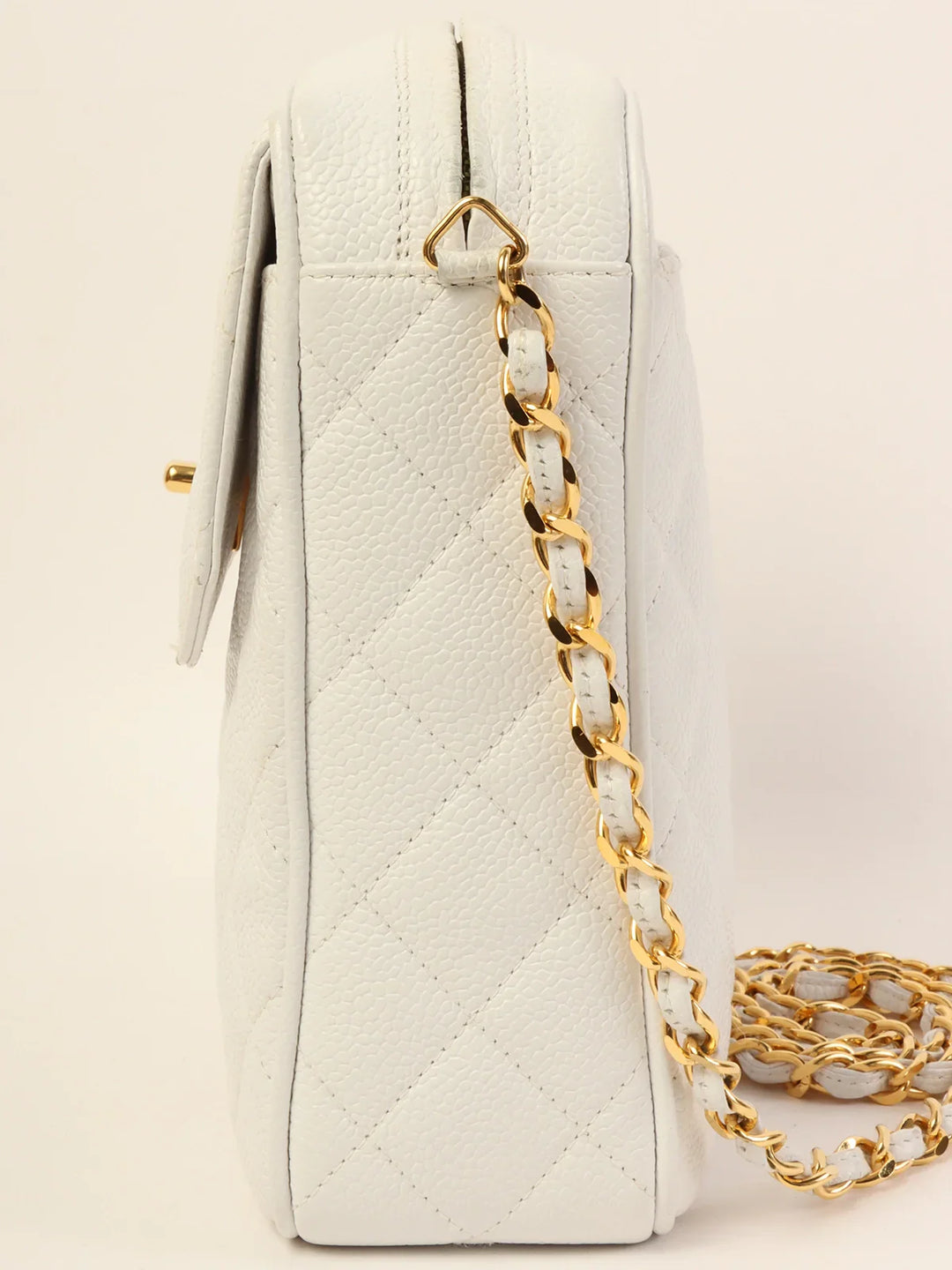 Chanel Around 1992 Made Caviar Skin Turn-Lock Ball Charm Chain Bag White