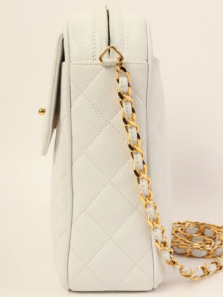 Chanel Around 1992 Made Caviar Skin Turn-Lock Ball Charm Chain Bag White