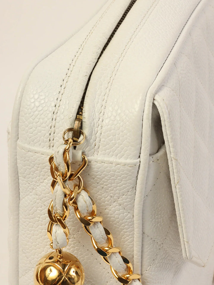 Chanel Around 1992 Made Caviar Skin Turn-Lock Ball Charm Chain Bag White