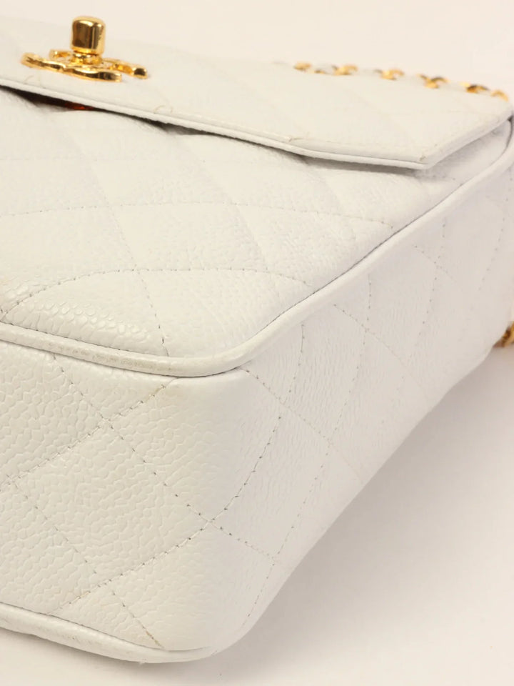 Chanel Around 1992 Made Caviar Skin Turn-Lock Ball Charm Chain Bag White