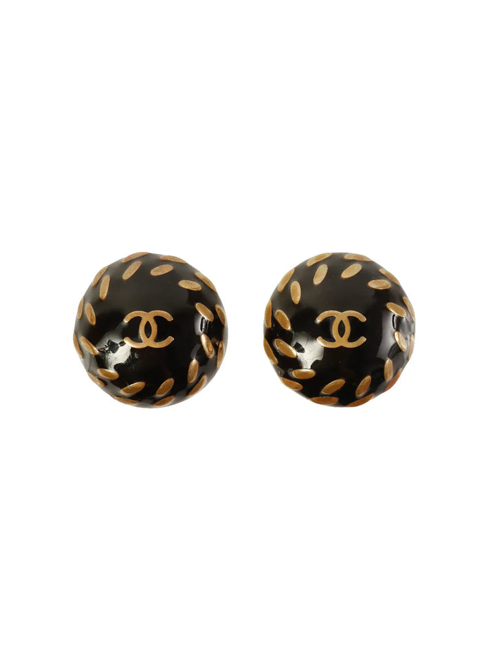 Chanel 1998 Made Round Dome Cc Mark Earrings Black