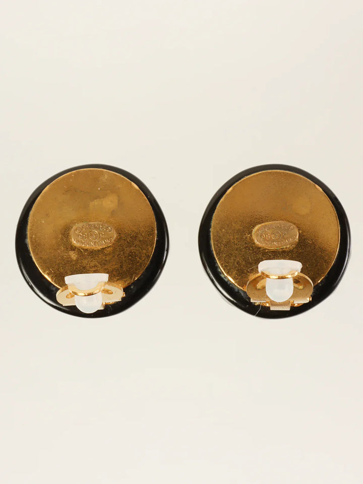 Chanel 1998 Made Round Dome Cc Mark Earrings Black