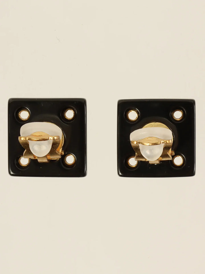 Chanel 2001 Made Square Punching Cc Mark Earrings Black/Gold