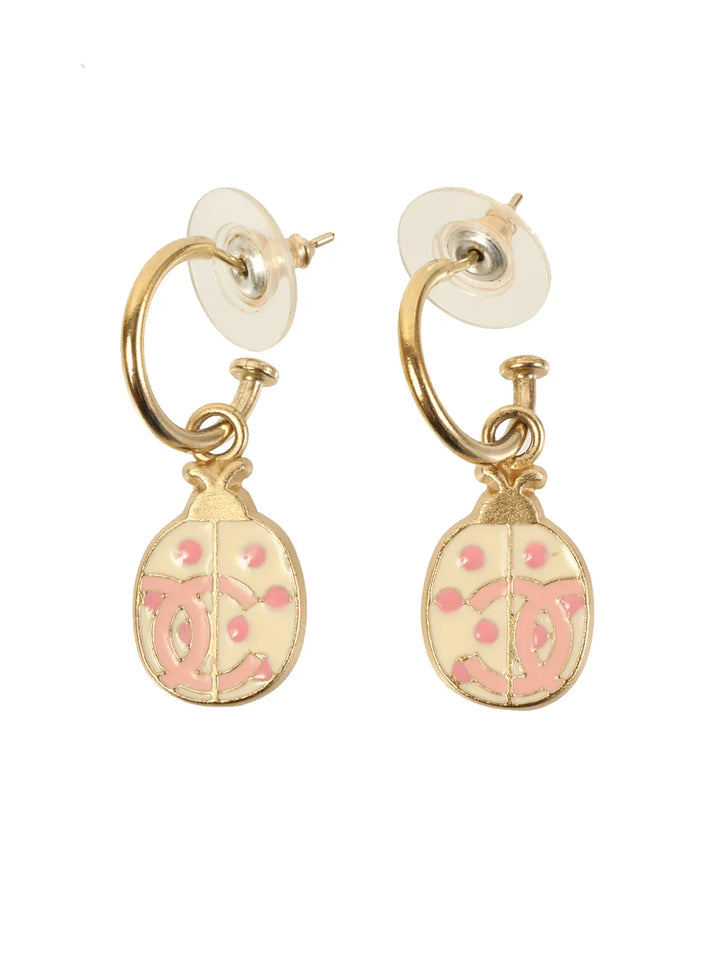 Chanel 2007 Ladybug Motif Cc Mark Swing Pierced Earrings Gold/Ivory/Pink