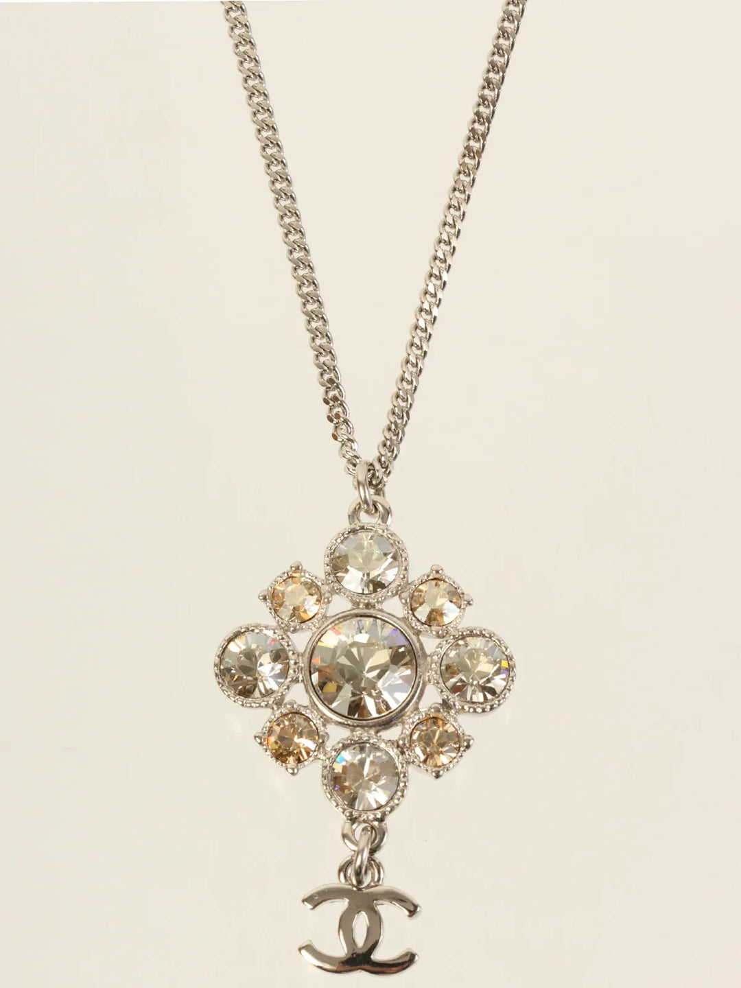 Chanel 2012 Made Rhinestone Diamond Motif Cc Mark Swing Necklace Silver/Champagne